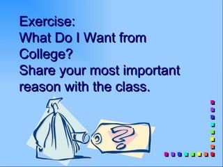 Exercise:
What Do I Want from
College?
Share your most important
reason with the class.
 