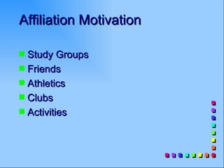 Affiliation Motivation

s Study Groups
s Friends
s Athletics
s Clubs
s Activities
 