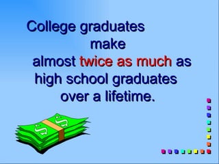 College graduates
          make
 almost twice as much as
 high school graduates
     over a lifetime.
 