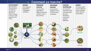 10% Loup
90% Chien
ENTRAINEMENT
Durant la phase
d’entraînement,
un réseau de
neurones est
alimenté en
milliers d’images
d’animaux variés,
apprenant à les
classer.
ENTREE
Une image est
présentée à
l’intelligence
artificielle.
PREMIERE
COUCHE
Les neurones
répondent à
différentes formes
simples, comme
des contours.
DEUXIEME
COUCHE
Les neurones
réagissent à des
structures plus
complexes.
COUCHE
SUPERIEURE
Les neurones
répondent à des
concepts élevés
que nous
identifions
comme des
animaux
différents.
SORTIE
Le réseau prédit
ce que l’objet est
le plus probable
d’être, basé sur
sa formation.
Moteur d’IA
Comment ça marche?
Page 37
 