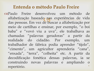 Entenda o método Paulo Freire 
Paulo Freire desenvolveu um método de 
 
alfabetização baseado nas experiências de vida 
das pessoas. Em vez de buscar a alfabetização por 
meio de cartilhas e ensinar, por exemplo, “o boi 
baba” e “vovó viu a uva”, ele trabalhava as 
chamadas “palavras geradoras” a partir da 
realidade do cidadão. Por exemplo, um 
trabalhador de fábrica podia aprender “tijolo”, 
“cimento”, um agricultor aprenderia “cana”, 
“enxada”, “terra”, “colheita” etc. A partir da 
decodificação fonética dessas palavras, ia se 
construindo novas palavras e ampliando o 
repertório. 
6 
 