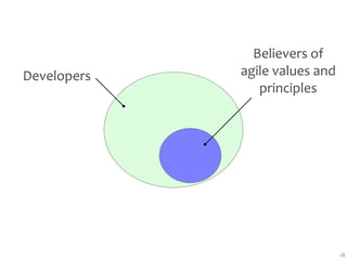Believers of
Developers   agile values and 
                principles




                                 18
 