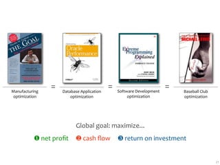 Manufacturing 
                 =   Database Application
                                            =   Software Development
                                                                       =   Baseball Club
 optimization            optimization                optimization          optimization




                           Global goal: maximize...
           ❶ net proﬁt     ❷ cash ﬂow     ❸ return on investment


                                                                                           21
 