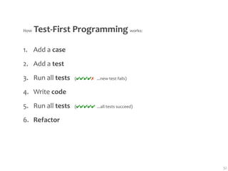 How Test‐First Programming works:

1. Add a case
2. Add a test
3. Run all tests   (✔✔✔✔✗   ...new test fails)
4. Write code
5. Run all tests   (✔✔✔✔✔  ...all tests succeed)
6. Refactor




                                                   32
 