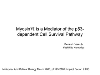 MyosinⅥ is a Mediator of the p53-dependent Cell Survival Pathway Yoshihito Komoriya Benesh Joseph Molecular And Cellular Biology March 2006, p2175-2186. Impact Factor  7.093  