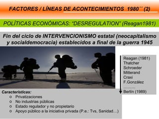 Fin del ciclo de INTERVENCIONISMO estatal (neocapitalismo y socialdemocracia) establecidos a final de la guerra 1945 FACTORES / LÍNEAS DE ACONTECIMIENTOS  1980´´ (2) POLÍTICAS ECONÓMICAS: “DESREGULATION” (Reagan1981) Características: Privatizaciones No industrias públicas Estado regulador y no propietario Apoyo público a la iniciativa privada (P.e.: Tvs, Sanidad…) Reagan (1981) Thatcher Schroeder Mitterand Craxi F.González ……… Berlín (1989)  