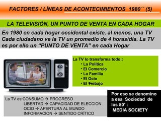 En 1980 en cada hogar occidental existe, al menos, una TV Cada ciudadano ve la TV un promedio de 4 horas/día. La TV es por ello un “PUNTO DE VENTA” en cada Hogar  FACTORES / LÍNEAS DE ACONTECIMIENTOS  1980´´ (5) LA TELEVISIÓN, UN PUNTO DE VENTA EN CADA HOGAR La TV lo transforma todo:: La Política El Comercio La Familia El Ocio El Trabajo La TV es:CONSUMO    PROGRESO   LIBERTAD    CAPACIDAD DE ELECCION    OCIO    APERTURA AL MUNDO   INFORMACION    SENTIDO CRÍTICO Por  Por eso se denomino a esa  Sociedad  de los 80’ : MEDIA SOCIETY 