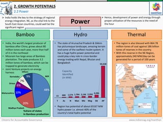 Citizens for Accountable Governance
4
www.indiancag.org/manthan
2. GROWTH POTENTIALS
2.2 Power
Power
Bamboo Hydro Thermal
Capacity
Identified
(in MW)
• India, the world’s largest producer of
bamboo after China, grows about 80
million tones each year, more than half
of it in the northeast
• Mizoram has large areas of Bamboo
plantation. The state produces 3.2
million tones of bamboo, which can be
trapped to generate electricity
• Joint Venture projects on energy
harness
• The state of Arunachal Pradesh & Sikkim
has picturesque landscape, amazing terrain
and some of the swiftest rivulet system. It
has a huge hydro power potential and
could play a key role in cross-border
energy trading with Nepal, Bhutan and
Bangladesh
• Region has potential of about 63167 MW
hydro power i.e. almost 40% of the
country’s total hydro potential
• The region is also blessed with 864.78
million tones of coal against 186 billion
tones of reserves in the country.
• With this reserve in the NE Region,
approximately 240 MW/day can be
generated for a period of 100 years
50,328
4,286
2,3942,1961,7841,57468015
T ManAs N APMeg SikMiz
 India holds the key to the strategy of regional
energy integration. NE, as the vital link to the
South East Asian countries, could well be the
significant region
 Hence, development of power and energy through
proper utilization of the resources is the need of
the hour
7%
Others
9%
48%
Orissa
Maharashtra 10%
NER
6%
Karnataka
20%
Madhya Pradesh
%share of states
In Bamboo production
 