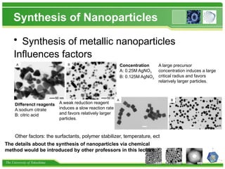 The University of Tokushima
Synthesis of Nanoparticles
• Synthesis of metallic nanoparticles
Influences factors
Differenct reagents
A:sodium citrate
B: citric acid
A B
A weak reduction reagent
induces a slow reaction rate
and favors relatively larger
particles.
Concentration
A: 0.25M AgNO3
B: 0.125M AgNO3
A B
A large precursor
concentration induces a large
critical radius and favors
relarively larger particles.
Other factors: the surfactants, polymer stabilizer, temperature, ect
The details about the synthesis of nanoparticles via chemical
method would be introduced by other professors in this lecture.
 