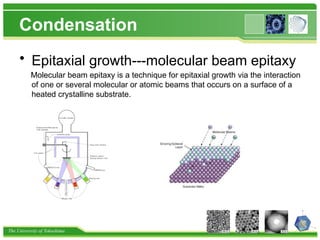 The University of Tokushima
Condensation
• Epitaxial growth---molecular beam epitaxy
Molecular beam epitaxy is a technique for epitaxial growth via the interaction
of one or several molecular or atomic beams that occurs on a surface of a
heated crystalline substrate.
 