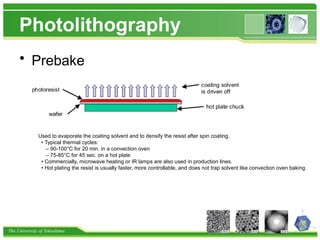 The University of Tokushima
Photolithography
• Prebake
Used to evaporate the coating solvent and to densify the resist after spin coating.
• Typical thermal cycles:
– 90-100°C for 20 min. in a convection oven
– 75-85°C for 45 sec. on a hot plate
• Commercially, microwave heating or IR lamps are also used in production lines.
• Hot plating the resist is usually faster, more controllable, and does not trap solvent like convection oven baking.
 