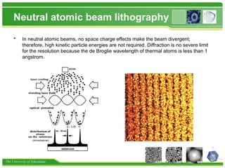 The University of Tokushima
Neutral atomic beam lithography
• In neutral atomic beams, no space charge effects make the beam divergent;
therefore, high kinetic particle energies are not required. Diffraction is no severe limit
for the resolution because the de Broglie wavelength of thermal atoms is less than 1
angstrom.
 