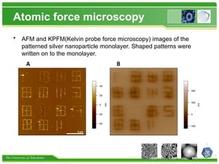 The University of Tokushima
Atomic force microscopy
• AFM and KPFM(Kelvin probe force microscopy) images of the
patterned silver nanoparticle monolayer. Shaped patterns were
written on to the monolayer.
 