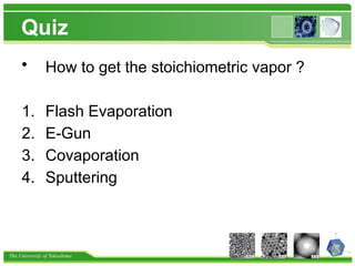 The University of Tokushima
Quiz
• How to get the stoichiometric vapor ?
1. Flash Evaporation
2. E-Gun
3. Covaporation
4. Sputtering
 