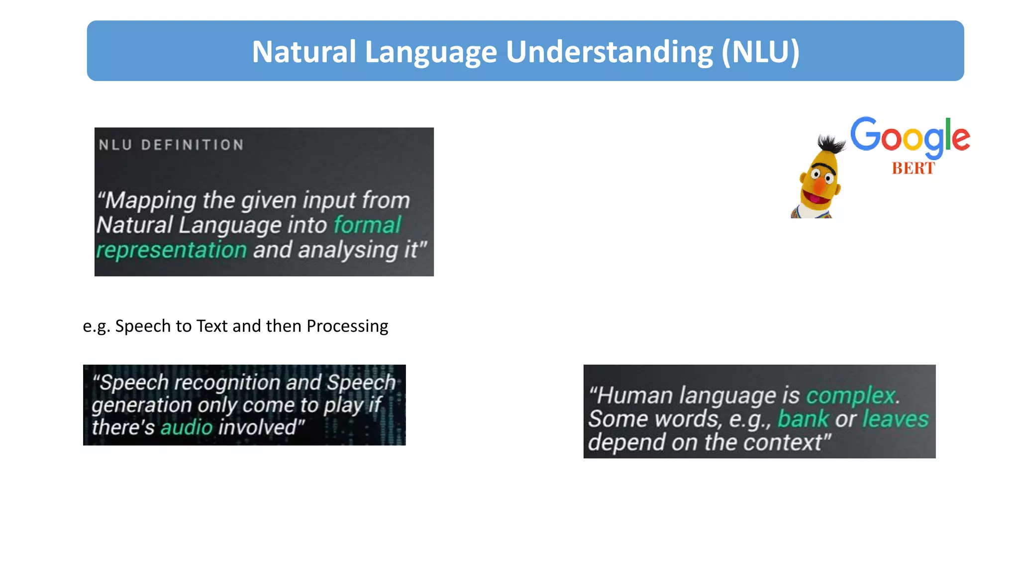 Natural Language Understanding (NLU)
e.g. Speech to Text and then Processing
 