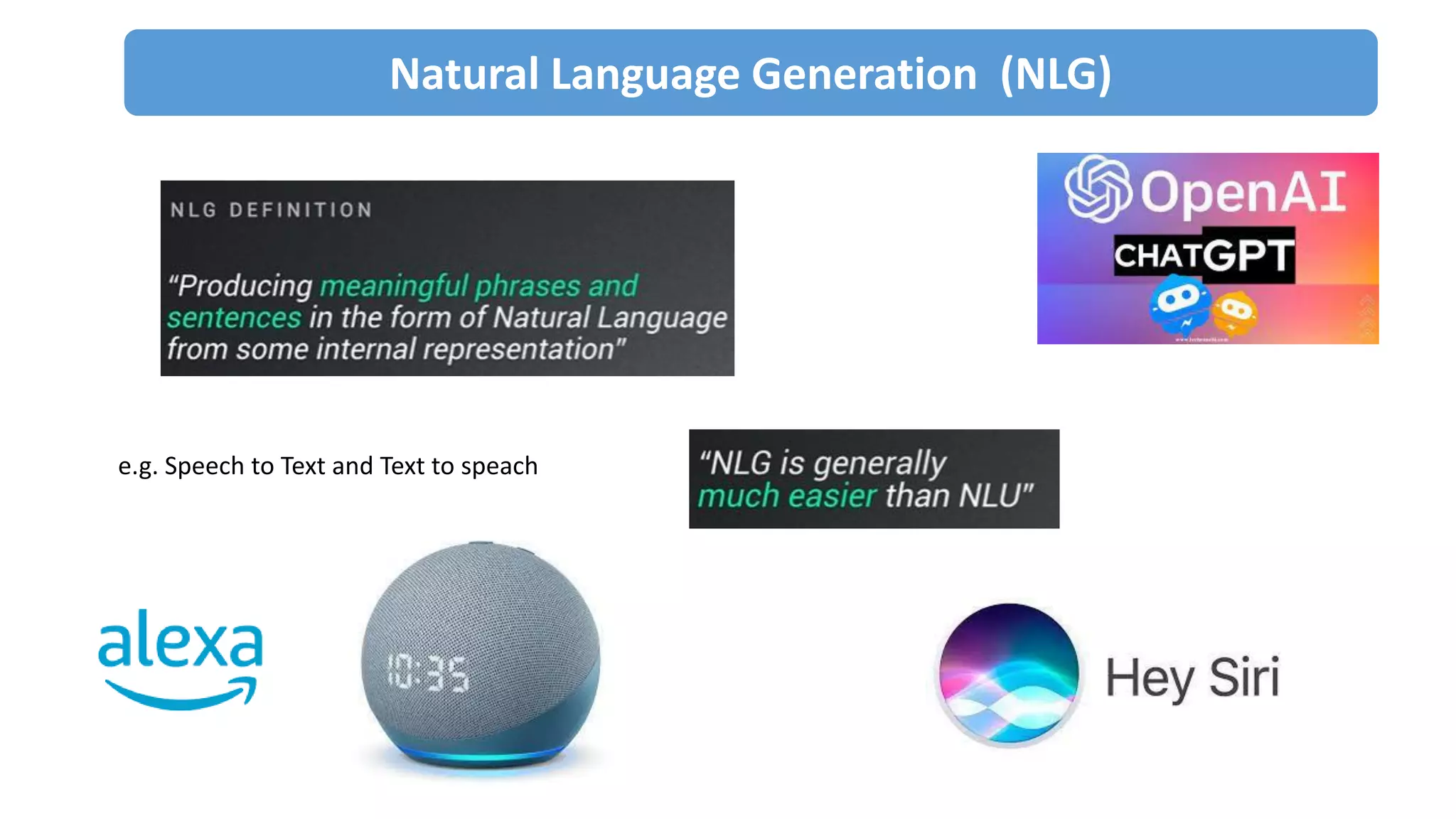 Natural Language Generation (NLG)
e.g. Speech to Text and Text to speach
 