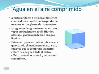 Agua en el aire comprimido 
 4 metros cúbicos a presión atmosférica 
contenidos en 1 metro cúbico producen 
una presión de 3 bares de manómetro. 
 17.4 gramos de agua se mantienen como 
vapor produciendo el 100% HR y los 
otros 17.4 gramos condensan en agua 
líquida. 
 Esto es un proceso continuo, de manera 
que cuando el manómetro marca 1 bar, 
cada vez que se comprime un metro 
cúbico de aire y se añade al metro 
cúbico contenido, otros 8.7 gramos se 
comprimen. 
35 
 