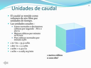 Unidades de caudal 
 El caudal se mmide como 
volumen de aire libre por 
unidades de tiempo. 
 Las unidades usuales : 
 Litros normales o decímetros 
cúbicos por segundo lN/s o 
dm3/s 
 Metros cúbicos por minuto 
m3N/min 
 Pies cúbicos normales por 
minuto scfm 
 1 m 3/m = 35.31 scfm 
 1 dm 3/s = 2.1 scfm 
 1 scfm = 0.472 l/s 
 1 scfm = 0.0283 m3/min 
37 
1 metro cúbico 
o 1000 dm3 
 