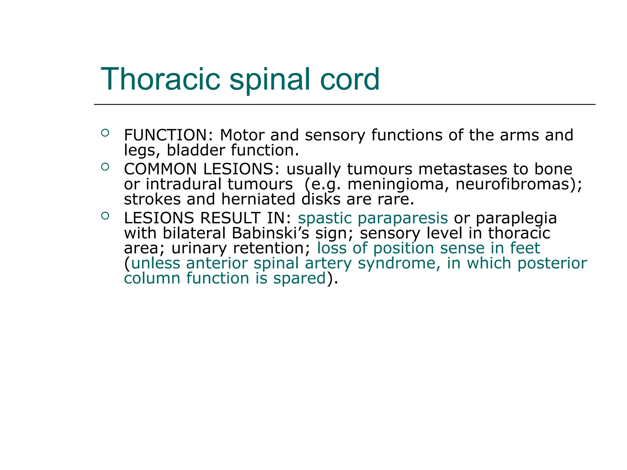 Thoracic spinal cord
 FUNCTION: Motor and sensory functions of the arms and
legs, bladder function.
 COMMON LESIONS: usually tumours metastases to bone
or intradural tumours (e.g. meningioma, neurofibromas);
strokes and herniated disks are rare.
 LESIONS RESULT IN: spastic paraparesis or paraplegia
with bilateral Babinski’s sign; sensory level in thoracic
area; urinary retention; loss of position sense in feet
(unless anterior spinal artery syndrome, in which posterior
column function is spared).
 