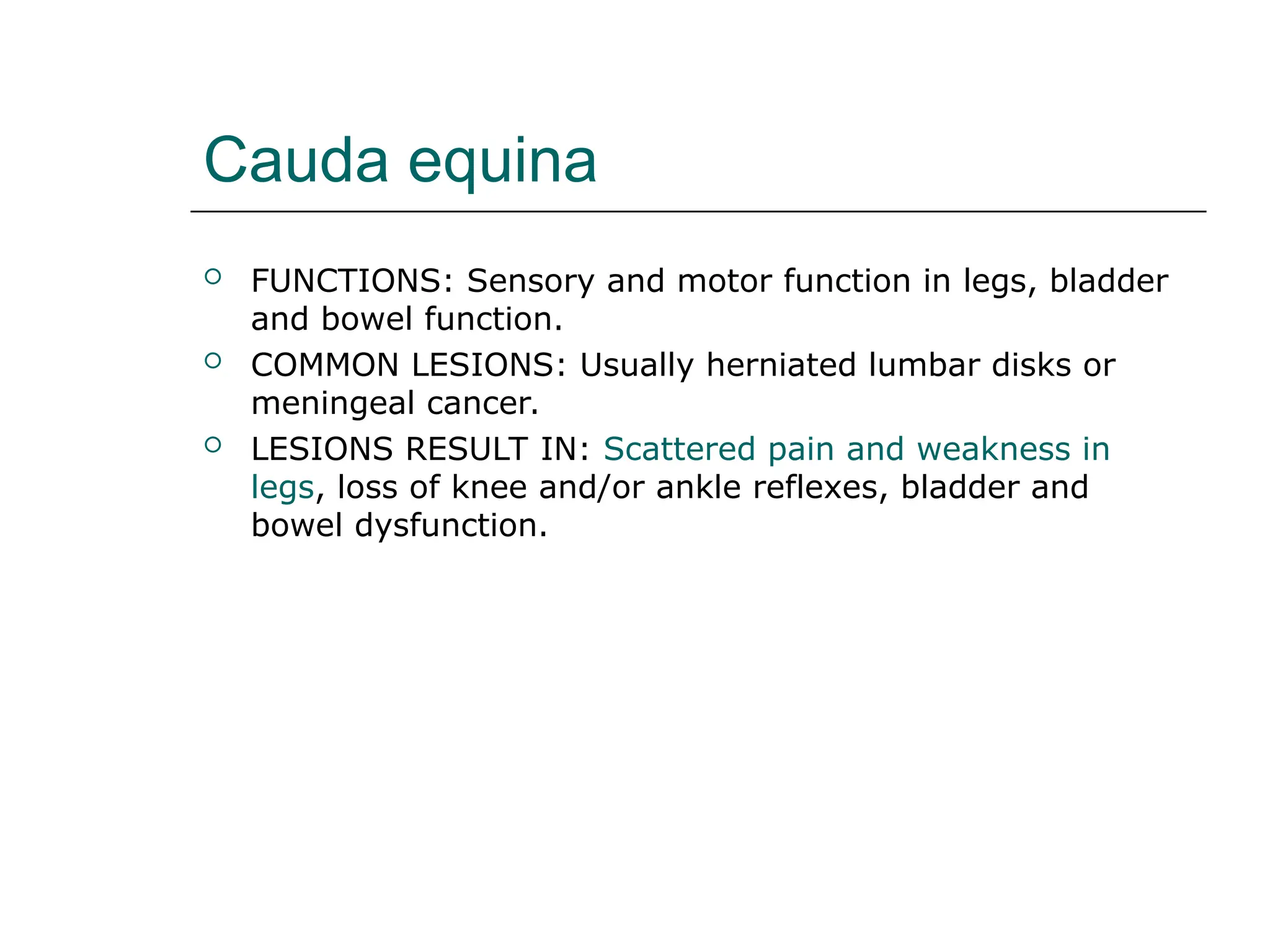 Cauda equina
 FUNCTIONS: Sensory and motor function in legs, bladder
and bowel function.
 COMMON LESIONS: Usually herniated lumbar disks or
meningeal cancer.
 LESIONS RESULT IN: Scattered pain and weakness in
legs, loss of knee and/or ankle reflexes, bladder and
bowel dysfunction.
 