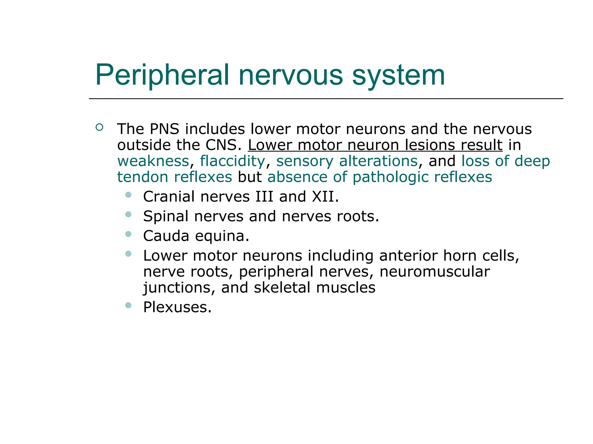 Peripheral nervous system
 The PNS includes lower motor neurons and the nervous
outside the CNS. Lower motor neuron lesions result in
weakness, flaccidity, sensory alterations, and loss of deep
tendon reflexes but absence of pathologic reflexes
 Cranial nerves III and XII.
 Spinal nerves and nerves roots.
 Cauda equina.
 Lower motor neurons including anterior horn cells,
nerve roots, peripheral nerves, neuromuscular
junctions, and skeletal muscles
 Plexuses.
 