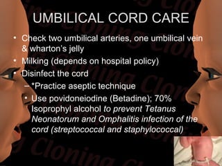 UMBILICAL CORD CARE
• Check two umbilical arteries, one umbilical vein
  & wharton’s jelly
• Milking (depends on hospital policy)
• Disinfect the cord
  – *Practice aseptic technique
  • Use povidoneiodine (Betadine); 70%
    Isoprophyl alcohol to prevent Tetanus
    Neonatorum and Omphalitis infection of the
    cord (streptococcal and staphylococcal)
 