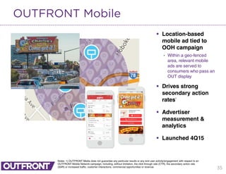 35
OUTFRONT Mobile
 Location-based
mobile ad tied to
OOH campaign
• Within a geo-fenced
area, relevant mobile
ads are served to
consumers who pass an
OUT display
 Drives strong
secondary action
rates1
 Advertiser
measurement &
analytics
 Launched 4Q15
Notes: 1) OUTFRONT Media does not guarantee any particular results or any end user activity/engagement with respect to an
OUTFRONT Mobile Network campaign, including, without limitation, the click through rate (CTR), the secondary action rate
(SAR) or increased traffic, customer interactions, commercial opportunities or revenue.
 