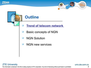 2
Outline
 Trend of telecom network
 Basic concepts of NGN
 NGN Solution
 NGN new services
 