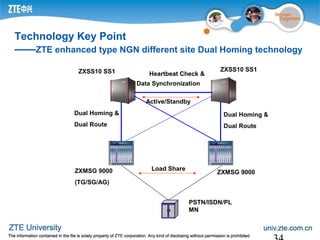 Technology Key Point
——ZTE enhanced type NGN different site Dual Homing technology
Heartbeat Check &
Data Synchronization
ZXSS10 SS1 ZXSS10 SS1
ZXMSG 9000
(TG/SG/AG)
Load Share
Active/Standby
Dual Homing &
Dual Route
PSTN/ISDN/PL
MN
ZXMSG 9000
Dual Homing &
Dual Route
 
