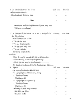 b- Chi tiết vốn đầu tư của chủ sở hữu                                   Cuối năm   Đầu năm
- Vốn góp của Nhà nước                                                     ...        ...
- Vốn góp của các đối tượng khác                                           ...        ...
- ...
                                    Cộng                                   ...        ...


          * Giá trị trái phiếu đã chuyển thành cổ phiếu trong năm
          * Số lượng cổ phiếu quỹ:


c- Các giao dịch về vốn với các chủ sở hữu và phân phối cổ              Năm nay    Năm trước
   tức, chia lợi nhuận
    - Vốn đầu tư của chủ sở hữu                                            ...        ...
    + Vốn góp đầu năm                                                      ...        ...
    + Vốn góp tăng trong năm                                               ...        ...
    + Vốn góp giảm trong năm                                               ...        ...
    + Vốn góp cuối năm                                                     ...        ...
    - Cổ tức, lợi nhuận đã chia                                            ...        ...
d- Cổ tức
    - Cổ tức đã công bố sau ngày kết thúc kỳ kế toán năm:
        + Cổ tức đã công bố trên cổ phiếu phổ thông:.................
        + Cổ tức đã công bố trên cổ phiếu ưu đãi:..................
        - Cổ tức của cổ phiếu ưu đãi lũy kế chưa được ghi nhận:.......
đ- Cổ phiếu                                                             Cuối năm   Đầu năm
        - Số lượng cổ phiếu đăng ký phát hành                              ...        ...
        - Số lượng cổ phiếu đã bán ra công chúng                           ...        ...
         + Cổ phiếu phổ thông                                              ...        ...
         + Cổ phiếu ưu đãi                                                 ...        ...
        - Số lượng cổ phiếu được mua lại                                   ...        ...
         + Cổ phiếu phổ thông                                              ...        ...
         + Cổ phiếu ưu đãi                                                 ...        ...
         - Số lượng cổ phiếu đang lưu hành                                 ...        ...
          + Cổ phiếu phổ thông                                             ...        ...
          + Cổ phiếu ưu đãi                                                ...        ...
                                                                           ...        ...
                                                                                            120
 