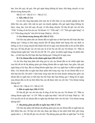 bạc, kim khí quý, đá quý, tiền gửi ngân hàng (không kỳ hạn), tiền đang chuyển và các
khoản tương đương tiền.
      Mã số 110 = Mã số 111 + Mã số 112.
      1- Tiền (Mã số 111)
      Là chỉ tiêu tổng hợp phản ánh toàn bộ số tiền hiện có của doanh nghiệp tại thời
điểm báo cáo, gồm: tiền mặt tại quỹ của doanh nghiệp, tiền gửi ngân hàng (không kỳ
hạn), vàng, bạc, kim khí quý, đá quý và tiền đang chuyển. Số liệu để ghi vào chỉ tiêu
“Tiền” là tổng số dư Nợ của các Tài khoản 111 “Tiền mặt”, 112 “Tiền gửi ngân hàng” và
113 “Tiền đang chuyển” trên Sổ Cái hoặc Nhật ký - Sổ Cái.
      2- Các khoản tương đương tiền (Mã số 112)
      Chỉ tiêu này phản ánh các khoản đầu tư ngắn hạn có thời hạn thu hồi hoặc đáo hạn
không quá 3 tháng có khả năng chuyển đổi dễ dàng thành một lượng tiền xác định và
không có rủi ro trong chuyển đổi thành tiền kể từ ngày mua khoản đầu tư đó tại thời điểm
báo cáo. Số liệu để ghi vào chỉ tiêu này là số dư Nợ chi tiết của Tài khoản 121 “Đầu tư
chứng khoán ngắn hạn” trên Sổ chi tiết TK 121, gồm: kỳ phiếu ngân hàng, tín phiếu kho
bạc... có thời hạn thu hồi hoặc đáo hạn không quá 3 tháng kể từ ngày mua.
      II- Các khoản đầu tư tài chính ngắn hạn (Mã số 120)
   Là chỉ tiêu tổng hợp phản ánh tổng giá trị của các khoản đầu tư tài chính ngắn hạn
(sau khi đã trừ đi dự phòng giảm giá chứng khoán đầu tư ngắn hạn), bao gồm: tiền gửi
ngân hàng có kỳ hạn, đầu tư chứng khoán ngắn hạn, cho vay ngắn hạn và đầu tư ngắn hạn
khác. Các khoản đầu tư ngắn hạn được phản ánh trong mục này là các khoản đầu tư có
thời hạn thu hồi vốn dưới 1 năm hoặc trong một chu kỳ kinh doanh, không bao gồm các
khoản đầu tư ngắn hạn có thời hạn thu hồi hoặc đáo hạn không quá 3 tháng kể từ ngày
mua khoản đầu tư đó tại thời điểm báo cáo đã được tính vào chỉ tiêu “Các khoản tương
đương tiền”.
   Mã số 120 = Mã số 121+ Mã số 129.
      1- Đầu tư ngắn hạn (Mã số 121)
      Số liệu để ghi vào chỉ tiêu này là tổng số dư Nợ của các Tài khoản 121 “Đầu tư
chứng khoán ngắn hạn” và 128 “Đầu tư ngắn hạn khác” trên Sổ Cái hoặc Nhật ký - Số
Cái sau khi trừ đi các khoản đầu tư ngắn hạn đã được tính vào chỉ tiêu “Các khoản tương
đương tiền”.
      2 - Dự phòng giảm giá đầu tư ngắn hạn (Mã số 129)
      Chỉ tiêu này phản ánh khoản dự phòng giảm giá của các khoản đầu tư ngắn hạn tại
thời điểm báo cáo. Số liệu chỉ tiêu này được ghi bằng số âm dưới hình thức ghi trong
ngoặc đơn (...). Số liệu để ghi vào chỉ tiêu “Dự phòng giảm giá đầu tư ngắn hạn” là số dư
                                                                                      129
 