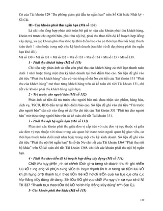 Có của Tài khoản 129 “Dự phòng giảm giá đầu tư ngắn hạn” trên Sổ Cái hoặc Nhật ký -
Số Cái.
       III- Các khoản phải thu ngắn hạn (Mã số 130)
       Là chỉ tiêu tổng hợp phản ánh toàn bộ giá trị của các khoản phải thu khách hàng,
khoản trả trước cho người bán, phải thu nội bộ, phải thu theo tiến độ kế hoạch hợp đồng
xây dựng, và các khoản phải thu khác tại thời điểm báo cáo có thời hạn thu hồi hoặc thanh
toán dưới 1 năm hoặc trong một chu kỳ kinh doanh (sau khi trừ đi dự phòng phải thu ngắn
hạn khó đòi).
Mã số 130 = Mã số 131 + Mã số 132 + Mã số 133 + Mã số 134 + Mã số 135 + Mã số 139.
       1 - Phải thu khách hàng (Mã số 131)
       Chỉ tiêu này phản ánh số tiền còn phải thu của khách hàng có thời hạn thanh toán
dưới 1 năm hoặc trong một chu kỳ kinh doanh tại thời điểm báo cáo. Số liệu để ghi vào
chỉ tiêu “Phải thu khách hàng” căn cứ vào tổng số dư Nợ chi tiết của Tài khoản 131 “Phải
thu của khách hàng” mở theo từng khách hàng trên sổ kế toán chi tiết Tài khoản 131, chi
tiết các khoản phải thu khách hàng ngắn hạn.
       2 - Trả trước cho người bán (Mã số 132)
       Phản ánh số tiền đã trả trước cho người bán mà chưa nhận sản phẩm, hàng hóa,
dịch vụ, TSCĐ, BĐS đầu tư tại thời điểm báo cáo. Số liệu để ghi vào chỉ tiêu “Trả trước
cho người bán” căn cứ vào tổng số dư Nợ chi tiết của Tài khoản 331 “Phải trả cho người
bán” mở theo từng người bán trên sổ kế toán chi tiết Tài khoản 331.
       3 - Phải thu nội bộ ngắn hạn (Mã số 133)
       Phản ánh các khoản phải thu giữa đơn vị cấp trên với các đơn vị trực thuộc và giữa
các đơn vị trực thuộc với nhau trong các quan hệ thanh toán ngoài quan hệ giao vốn, có
thời hạn thanh toán dưới một năm hoặc trong một chu kỳ kinh doanh. Số liệu để ghi vào
chỉ tiêu “Phải thu nội bộ ngắn hạn” là số dư Nợ chi tiết của Tài khoản 1368 “Phải thu nội
bộ khác” trên Sổ kế toán chi tiết Tài khoản 1368, chi tiết các khoản phải thu nội bộ ngắn
hạn.
       4 - Phải thu theo tiến độ kế hoạch hợp đồng xây dựng (Mã số 134)
       ChØ tiªu nµy ph¶n ¸nh sè chªnh lÖch gi÷a tæng sè doanh thu ®· ghi nhËn
luü kÕ t¬ng øng víi phÇn c«ng viÖc ®· hoµn thµnh lín h¬n tæng sè tiÒn luü kÕ
kh¸ch hµng ph¶i thanh to¸n theo tiÕn ®é kÕ ho¹ch ®Õn cuèi kú b¸o c¸o cña c¸c
hîp ®ång x©y dùng dë dang. Sè liÖu ®Ó ghi vµo chØ tiªu nµy c¨n cø vµo sè d Nî
TK 337 “Thanh to¸n theo tiÕn ®é kÕ ho¹ch hîp ®ång x©y dùng” trªn Sæ C¸i.
       5- Các khoản phải thu khác (Mã số 135)

                                                                                      130
 