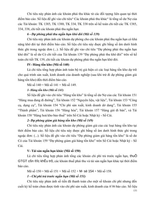 Chỉ tiêu này phản ánh các khoản phải thu khác từ các đối tựợng liên quan tại thời
điểm báo cáo. Số liệu để ghi vào chỉ tiêu“ Các khoản phải thu khác“ là tổng số dư Nợ của
các Tài khoản: TK 1385, TK 1388, TK 334, TK 338 trên sổ kế toán chi tiết các TK 1385,
334, 338, chi tiết các khoản phải thu ngắn hạn.
       6 - Dự phòng phải thu ngắn hạn khó đòi (Mã số 139)
       Chỉ tiêu này phản ánh các khoản dự phòng cho các khoản phải thu ngắn hạn có khả
năng khó đòi tại thời điểm báo cáo. Số liệu chỉ tiêu này đuợc ghi bằng số âm dưới hình
thức ghi trong ngoặc đơn (...). Số liệu để ghi vào chỉ tiêu “Dự phòng phải thu ngắn hạn
khó đòi” là số dư Có chi tiết của Tài khoản 139 “Dự phòng phải thu khó đòi” trên sổ kế
toán chi tiết TK 139, chi tiết các khoản dự phòng phải thu ngắn hạn khó đòi.
       IV- Hàng tồn kho (Mã số 140)
       Là chỉ tiêu tổng hợp phản ánh toàn bộ trị giá hiện có các loại hàng tồn kho dự trữ
cho quá trình sản xuất, kinh doanh của doanh nghiệp (sau khi trừ đi dự phòng giảm giá
hàng tồn kho) đến thời điểm báo cáo.
       Mã số 140 = Mã số 141 + Mã số 149.
       1- Hàng tồn kho (Mã số 141)
       Số liệu để ghi vào chỉ tiêu “Hàng tồn kho” là tổng số dư Nợ của các Tài khoản 151
“Hàng mua đang đi đường”, Tài khoản 152 “Nguyên liệu, vật liệu”, Tài khoản 153 “Công
cụ, dụng cụ”, Tài khoản 154 “Chi phí sản xuất, kinh doanh dở dang”, Tài khoản 155
“Thành phẩm”, Tài khoản 156 “Hàng hóa”, Tài khoản 157 “Hàng gửi đi bán”, và Tài
khoản 158 “Hàng hoá kho bảo thuế” trên Sổ Cái hoặc Nhật ký - Sổ Cái.
       2- Dự phòng giảm giá hàng tồn kho (Mã số 149)
       Chỉ tiêu này phản ánh các khoản dự phòng giảm giá của các loại hàng tồn kho tại
thời điểm báo cáo. Số liệu chỉ tiêu này được ghi bằng số âm dưới hình thức ghi trong
ngoặc đơn: (...). Số liệu để ghi vào chỉ tiêu “Dự phòng giảm giá hàng tồn kho” là số dư
Có của Tài khoản 159 “Dự phòng giảm giá hàng tồn kho” trên Sổ Cái hoặc Nhật ký - Sổ
Cái.
       V- Tài sản ngắn hạn khác (Mã số 150)
       Là chỉ tiêu tổng hợp phản ánh tổng các khoản chi phí trả trước ngắn hạn, thuÕ
GTGT cßn ®îc khÊu trõ, các khoản thuế phải thu và tài sản ngắn hạn khác tại thời điểm
báo cáo.
       Mã số 150 = Mã số 151 + Mã số 152 + M· sè 154 + Mã số 158.
       1 - Chi phí trả trước ngắn hạn (Mã số 151)
       Chỉ tiêu này phản ánh số tiền đã thanh toán cho một số khoản chi phí nhưng đến
cuối kỳ kế toán chưa được tính vào chi phí sản xuất, kinh doanh của n¨m báo cáo. Số liệu
                                                                                      131
 