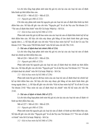 Là chỉ tiêu tổng hợp phản ánh toàn bộ giá trị còn lại của các loại tài sản cố định
hữu hình tại thời điểm báo cáo.
        Mã số 221 = Mã số 222 + Mã số 223.
        1.1 - Nguyên giá (Mã số 222):
        Chỉ tiêu này phản ánh toàn bộ nguyên giá các loại tài sản cố định hữu hình tại thời
điểm báo cáo. Số liệu để ghi vào chỉ tiêu “Nguyên giá” là số dư Nợ của Tài khoản 211
“Tài sản cố định hữu hình” trên Sổ Cái hoặc Nhật ký - Sổ Cái.
        1.2 - Giá trị hao mòn luỹ kế (Mã số 223):
        Phản ánh toàn bộ giá trị đã hao mòn của các loại tài sản cố định hữu hình luỹ kế tại
thời điểm báo cáo. Số liệu chỉ tiêu này được ghi bằng số âm dưới hình thức ghi trong
ngoặc đơn (...). Số liệu để ghi vào chỉ tiêu “Giá trị hao mòn luỹ kế” là số dư Có của Tài
khoản 2141 “Hao mòn TSCĐ hữu hình” trên Sổ kế toán chi tiết TK 2141.
        2 - Tài sản cố định thuê tài chính (Mã số 224)
        Là chỉ tiêu tổng hợp phản ánh toàn bộ giá trị còn lại của các loại tài sản cố định
thuê tài chính tại thời điểm báo cáo.
        Mã số 224 = Mã số 225 + Mã số 226.
        2.1 - Nguyên giá (Mã số 225):
        Phản ánh toàn bộ nguyên giá các loại tài sản cố định thuê tài chính tại thời điểm
báo cáo. Số liệu để ghi vào chỉ tiêu “Nguyên giá” là số dư Nợ của Tài khoản 212 “Tài sản
cố định thuê tài chính” trên Sổ Cái hoặc Nhật ký - Sổ Cái.
        2.2 - Giá trị hao mòn luỹ kế (Mã số 226):
        Phản ánh toàn bộ giá trị đã hao mòn của các loại tài sản cố định thuê tài chính luỹ
kế tại thời điểm báo cáo. Số liệu chỉ tiêu này được ghi bằng số âm dưới hình thức ghi
trong ngoặc đơn (...). Số liệu để ghi vào chỉ tiêu “Giá trị hao mòn luỹ kế” là số dư Có của
Tài khoản 2142 “Hao mòn tài sản cố định thuê tài chính” trên Sổ kế toán chi tiết TK
2142.
        3 - Tài sản cố định vô hình (Mã số 227)
        Là chỉ tiêu tổng hợp phản ánh toàn bộ giá trị còn lại của các loại tài sản cố định vô
hình tại thời điểm báo cáo.
        Mã số 227 = Mã số 228 + Mã số 229.
        3.1 - Nguyên giá (Mã số 228):
        Phản ánh toàn bộ nguyên giá các loại tài sản cố định vô hình tại thời điểm báo cáo.
Số liệu để ghi vào chỉ tiêu “Nguyên giá” là số dư Nợ của Tài khoản 213 “Tài sản cố định
vô hình” trên Sổ Cái hoặc Nhật ký - Sổ Cái.
        3.2 - Giá trị hao mòn luỹ kế (Mã số 229):
                                                                                          134
 