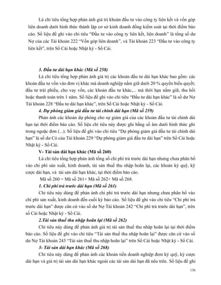 Là chỉ tiêu tổng hợp phản ánh giá trị khoản đầu tư vào công ty liên kết và vốn góp
 liên doanh dưới hình thức thành lập cơ sở kinh doanh đồng kiểm soát tại thời điểm báo
 cáo. Số liệu để ghi vào chỉ tiêu “Đầu tư vào công ty liên kết, liên doanh” là tổng số dư
 Nợ của các Tài khoản 222 “Vốn góp liên doanh”, và Tài khoản 223 “Đầu tư vào công ty
 liên kết”, trên Sổ Cái hoặc Nhật ký - Sổ Cái.



       3. Đầu tư dài hạn khác (Mã số 258)
       Là chỉ tiêu tổng hợp phản ánh giá trị các khoản đầu tư dài hạn khác bao gồm: các
khoản đầu tư vốn vào đơn vị khác mà doanh nghiệp nắm giữ dưới 20 % quyền biểu quyết;
đầu tư trái phiếu, cho vay vốn, các khoản đầu tư khác,... mà thời hạn nắm giữ, thu hồi
hoặc thanh toán trên 1 năm. Số liệu để ghi vào chỉ tiêu “Đầu tư dài hạn khác” là số dư Nợ
Tài khoản 228 “Đầu tư dài hạn khác”, trên Sổ Cái hoặc Nhật ký - Sổ Cái.
       4. Dự phòng giảm giá đầu tư tài chính dài hạn (Mã số 259)
       Phản ánh các khoản dự phòng cho sự giảm giá của các khoản đầu tư tài chính dài
hạn tại thời điểm báo cáo. Số liệu chỉ tiêu này được ghi bằng số âm dưới hình thức ghi
trong ngoặc đơn (...). Số liệu để ghi vào chỉ tiêu “Dự phòng giảm giá đầu tư tài chính dài
hạn” là số dư Có của Tài khoản 229 “Dự phòng giảm giá đầu tư dài hạn” trên Sổ Cái hoặc
Nhật ký - Sổ Cái.
       V- Tài sản dài hạn khác (Mã số 260)
       Là chỉ tiêu tổng hợp phản ánh tổng số chi phí trả trước dài hạn nhưng chưa phân bổ
vào chi phí sản xuất, kinh doanh, tài sản thuế thu nhập hoãn lại, các khoản ký quỹ, kỹ
cược dài hạn, và tài sản dài hạn khác, tại thời điểm báo cáo.
        Mã số 260 = Mã số 261+ Mã số 262+ Mã số 268.
       1. Chi phí trả trước dài hạn (Mã số 261)
       Chỉ tiêu này dùng để phản ánh chi phí trả trước dài hạn nhưng chưa phân bổ vào
chi phí sản xuất, kinh doanh đến cuối kỳ báo cáo. Số liệu để ghi vào chỉ tiêu “Chi phí trả
trước dài hạn” được căn cứ vào số dư Nợ Tài khoản 242 “Chi phí trả trước dài hạn”, trên
sổ Cái hoặc Nhật ký - Sổ Cái.
       2.Tài sản thuế thu nhập hoãn lại (Mã số 262)
       Chỉ tiêu này dùng để phản ánh giá trị tài sản thuế thu nhâp hoãn lại tại thời điểm
báo cáo. Số liệu để ghi vào chỉ tiêu “Tài sản thuế thu nhập hoãn lại” được căn cứ vào số
dư Nợ Tài khoản 243 “Tài sản thuế thu nhập hoãn lại” trên Sổ Cái hoặc Nhật ký - Sổ Cái.
       3- Tài sản dài hạn khác (Mã số 268)
       Chỉ tiêu này dùng để phản ánh các khoản tiền doanh nghiệp đem ký quỹ, ký cược
dài hạn và giá trị tài sản dài hạn khác ngoài các tài sản dài hạn đã nêu trên. Số liệu để ghi
                                                                                          136
 