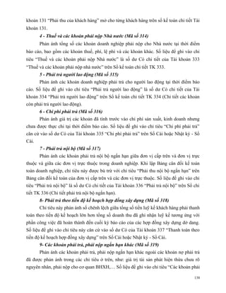 khoản 131 “Phải thu của khách hàng” mở cho từng khách hàng trên sổ kế toán chi tiết Tài
khoản 131.
       4 - Thuế và các khoản phải nộp Nhà nước (Mã số 314)
       Phản ánh tổng số các khoản doanh nghiệp phải nộp cho Nhà nước tại thời điểm
báo cáo, bao gồm các khoản thuế, phí, lệ phí và các khoản khác. Số liệu để ghi vào chỉ
tiêu “Thuế và các khoản phải nộp Nhà nước” là số dư Có chi tiết của Tài khoản 333
“Thuế và các khoản phải nộp nhà nước” trên Sổ kế toán chi tiết TK 333.
       5 - Phải trả người lao động (Mã số 315)
       Phản ánh các khoản doanh nghiệp phải trả cho người lao động tại thời điểm báo
cáo. Số liệu để ghi vào chỉ tiêu “Phải trả người lao động” là số dư Có chi tiết của Tài
khoản 334 “Phải trả người lao động” trên Sổ kế toán chi tiết TK 334 (Chi tiết các khoản
còn phải trả người lao động).
       6 - Chi phí phải trả (Mã số 316)
       Phản ánh giá trị các khoản đã tính trước vào chi phí sản xuất, kinh doanh nhưng
chưa được thực chi tại thời điểm báo cáo. Số liệu để ghi vào chỉ tiêu “Chi phí phải trả”
căn cứ vào số dư Có của Tài khoản 335 “Chi phí phải trả” trên Sổ Cái hoặc Nhật ký - Sổ
Cái.
       7 - Phải trả nội bộ (Mã số 317)
       Phản ánh các khoản phải trả nội bộ ngắn hạn giữa đơn vị cấp trên và đơn vị trực
thuộc và giữa các đơn vị trực thuộc trong doanh nghiệp. Khi lập Bảng cân đối kế toán
toàn doanh nghiệp, chỉ tiêu này được bù trừ với chỉ tiêu “Phải thu nội bộ ngắn hạn” trên
Bảng cân đối kế toán của đơn vị cấp trên và các đơn vị trực thuộc. Số liệu để ghi vào chỉ
tiêu “Phải trả nội bộ” là số dư Có chi tiết của Tài khoản 336 “Phải trả nội bộ” trên Sổ chi
tiết TK 336 (Chi tiết phải trả nội bộ ngắn hạn).
       8- Phải trả theo tiến độ kế hoạch hợp đồng xây dựng (Mã số 318)
       Chỉ tiêu này phản ánh số chênh lệch giữa tổng số tiền luỹ kế khách hàng phải thanh
toán theo tiến độ kế hoạch lớn hơn tổng số doanh thu đã ghi nhận luỹ kế tương ứng với
phần công việc đã hoàn thành đến cuối kỳ báo cáo của các hợp đồng xây dựng dở dang.
Số liệu để ghi vào chỉ tiêu này căn cứ vào số dư Có của Tài khoản 337 “Thanh toán theo
tiến độ kế hoạch hợp đồng xây dựng” trên Sổ Cái hoặc Nhật ký - Sổ Cái.
       9- Các khoản phải trả, phải nộp ngắn hạn khác (Mã số 319)
       Phản ánh các khoản phải trả, phải nộp ngắn hạn khác ngoài các khoản nợ phải trả
đã được phản ánh trong các chỉ tiêu ở trên, như: giá trị tài sản phát hiện thừa chưa rõ
nguyên nhân, phải nộp cho cơ quan BHXH,… Số liệu để ghi vào chỉ tiêu “Các khoản phải

                                                                                        138
 