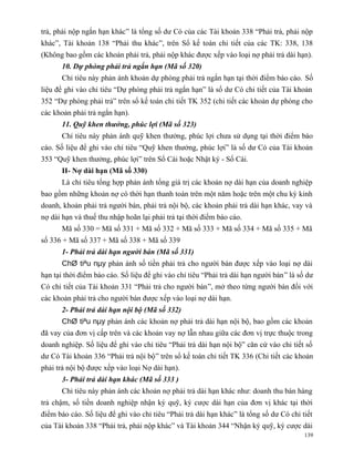 trả, phải nộp ngắn hạn khác” là tổng số dư Có của các Tài khoản 338 “Phải trả, phải nộp
khác”, Tài khoản 138 “Phải thu khác”, trên Sổ kế toán chi tiết của các TK: 338, 138
(Không bao gồm các khoản phải trả, phải nộp khác được xếp vào loại nợ phải trả dài hạn).
       10. Dự phòng phải trả ngắn hạn (Mã số 320)
       Chỉ tiêu này phản ánh khoản dự phòng phải trả ngắn hạn tại thời điểm báo cáo. Số
liệu để ghi vào chỉ tiêu “Dự phòng phải trả ngắn hạn” là số dư Có chi tiết của Tài khoản
352 “Dự phòng phải trả” trên sổ kế toán chi tiết TK 352 (chi tiết các khoản dự phòng cho
các khoản phải trả ngắn hạn).
       11. Quỹ khen thưởng, phúc lợi (Mã số 323)
       Chỉ tiêu này phản ánh quỹ khen thưởng, phúc lợi chưa sử dụng tại thời điểm báo
cáo. Số liệu để ghi vào chỉ tiêu “Quỹ khen thưởng, phúc lợi” là số dư Có của Tài khoản
353 “Quỹ khen thưởng, phúc lợi” trên Sổ Cái hoặc Nhật ký - Sổ Cái.
       II- Nợ dài hạn (Mã số 330)
       Là chỉ tiêu tổng hợp phản ánh tổng giá trị các khoản nợ dài hạn của doanh nghiệp
bao gồm những khoản nợ có thời hạn thanh toán trên một năm hoặc trên một chu kỳ kinh
doanh, khoản phải trả người bán, phải trả nội bộ, các khoản phải trả dài hạn khác, vay và
nợ dài hạn và thuế thu nhập hoãn lại phải trả tại thời điểm báo cáo.
       Mã số 330 = Mã số 331 + Mã số 332 + Mã số 333 + Mã số 334 + Mã số 335 + Mã
số 336 + Mã số 337 + Mã số 338 + Mã số 339
       1- Phải trả dài hạn người bán (Mã số 331)
       ChØ tiªu nµy phản ánh số tiền phải trả cho người bán được xếp vào loại nợ dài
hạn tại thời điểm báo cáo. Số liệu để ghi vào chỉ tiêu “Phải trả dài hạn người bán” là số dư
Có chi tiết của Tài khoản 331 “Phải trả cho người bán”, mở theo từng người bán đối với
các khoản phải trả cho người bán được xếp vào loại nợ dài hạn.
       2- Phải trả dài hạn nội bộ (Mã số 332)
       ChØ tiªu nµy phản ánh các khoản nợ phải trả dài hạn nội bộ, bao gồm các khoản
đã vay của đơn vị cấp trên và các khoản vay nợ lẫn nhau giữa các đơn vị trực thuộc trong
doanh nghiệp. Số liệu để ghi vào chỉ tiêu “Phải trả dài hạn nội bộ” căn cứ vào chi tiết số
dư Có Tài khoản 336 “Phải trả nội bộ” trên sổ kế toán chi tiết TK 336 (Chi tiết các khoản
phải trả nội bộ được xếp vào loại Nợ dài hạn).
       3- Phải trả dài hạn khác (Mã số 333 )
       Chỉ tiêu này phản ánh các khoản nợ phải trả dài hạn khác như: doanh thu bán hàng
trả chậm, số tiền doanh nghiệp nhận ký quỹ, ký cược dài hạn của đơn vị khác tại thời
điểm báo cáo. Số liệu để ghi vào chỉ tiêu “Phải trả dài hạn khác” là tổng số dư Có chi tiết
của Tài khoản 338 “Phải trả, phải nộp khác” và Tài khoản 344 “Nhận ký quỹ, ký cược dài
                                                                                         139
 