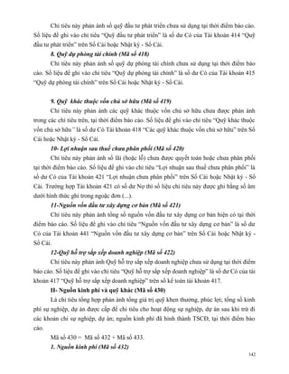 Chỉ tiêu này phản ánh số quỹ đầu tư phát triển chưa sử dụng tại thời điểm báo cáo.
Số liệu để ghi vào chỉ tiêu “Quỹ đầu tư phát triển” là số dư Có của Tài khoản 414 “Quỹ
đầu tư phát triển” trên Sổ Cái hoặc Nhật ký - Sổ Cái.
       8. Quỹ dự phòng tài chính (Mã số 418)
       Chỉ tiêu này phản ánh số quỹ dự phòng tài chính chưa sử dụng tại thời điểm báo
cáo. Số liệu để ghi vào chỉ tiêu “Quỹ dự phòng tài chính” là số dư Có của Tài khoản 415
“Quỹ dự phòng tài chính” trên Sổ Cái hoặc Nhật ký - Sổ Cái.


       9. Quỹ khác thuộc vốn chủ sở hữu (Mã số 419)
       Chỉ tiêu này phản ánh các quỹ khác thuộc vốn chủ sở hữu chưa được phản ánh
trong các chỉ tiêu trên, tại thời điểm báo cáo. Số liệu để ghi vào chỉ tiêu “Quỹ khác thuộc
vốn chủ sở hữu” là số dư Có Tài khoản 418 “Các quỹ khác thuộc vốn chủ sở hữu” trên Sổ
Cái hoặc Nhật ký - Sổ Cái.
       10- Lợi nhuận sau thuế chưa phân phối (Mã số 420)
       Chỉ tiêu này phản ánh số lãi (hoặc lỗ) chưa được quyết toán hoặc chưa phân phối
tại thời điểm báo cáo. Số liệu để ghi vào chỉ tiêu “Lợi nhuận sau thuế chưa phân phối” là
số dư Có của Tài khoản 421 “Lợi nhuận chưa phân phối” trên Sổ Cái hoặc Nhật ký - Sổ
Cái. Trường hợp Tài khoản 421 có số dư Nợ thì số liệu chỉ tiêu này được ghi bằng số âm
dưới hình thức ghi trong ngoặc đơn (...).
       11-Nguồn vốn đầu tư xây dựng cơ bản (Mã số 421)
       Chỉ tiêu này phản ánh tổng số nguồn vốn đầu tư xây dựng cơ bản hiện có tại thời
điểm báo cáo. Số liệu để ghi vào chỉ tiêu “Nguồn vốn đầu tư xây dựng cơ bản” là số dư
Có của Tài khoản 441 “Nguồn vốn đầu tư xây dựng cơ bản” trên Sổ Cái hoặc Nhật ký -
Sổ Cái.
       12-Quỹ hỗ trợ sắp xếp doanh nghiệp (Mã số 422)
       Chỉ tiêu này phản ánh Quỹ hỗ trợ sắp xếp doanh nghiệp chưa sử dụng tại thời điểm
báo cáo. Số liệu để ghi vào chỉ tiêu “Quỹ hỗ trợ sắp xếp doanh nghiệp” là số dư Có của tài
khoản 417 “Quỹ hỗ trợ sắp xếp doanh nghiệp” trên sổ kế toán tài khoản 417.
       II- Nguồn kinh phí và quỹ khác (Mã số 430)
       Là chỉ tiêu tổng hợp phản ánh tổng giá trị quỹ khen thưởng, phúc lợi; tổng số kinh
phí sự nghiệp, dự án được cấp để chi tiêu cho hoạt động sự nghiệp, dự án sau khi trừ đi
các khoản chi sự nghiệp, dự án; nguồn kinh phí đã hình thành TSCĐ, tại thời điểm báo
cáo.
       Mã số 430 = Mã số 432 + Mã số 433.
       1. Nguồn kinh phí (Mã số 432)
                                                                                        142
 