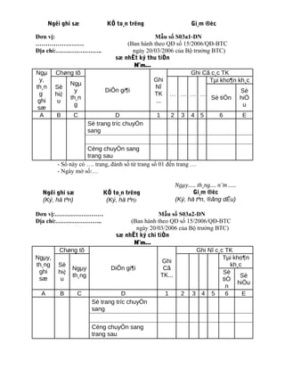 Ngêi ghi sæ            KÕ to¸n trëng                       Gi¸m ®èc

Đơn vị:                                        Mẫu số S03a1-DN
……………………                             (Ban hành theo QĐ số 15/2006/QĐ-BTC
Địa chỉ:…………………..                      ngày 20/03/2006 của Bộ trưởng BTC)
                                sæ nhËt ký thu tiÒn
                                       N¨m...
Ngµ      Chøng tõ                                            Ghi Cã c¸c TK
  y,                                           Ghi                  Tµi kho¶n kh¸c
               Ngµ
th¸n     Sè                                     Nî
                 y           DiÔn gi¶i                                         Sè
  g      hiệ                                   TK … … … …
               th¸n                                                  Sè tiÒn hiÖ
 ghi      u                                     ...
                 g                                                             u
 sæ
  A       B     C                D                1    2     3    4 5           6          E
                      Sè trang tríc chuyÓn
                      sang


                      Céng chuyÓn sang
                      trang sau
          - Sổ này có …. trang, đánh số từ trang số 01 đến trang …
          - Ngày mở sổ:…

                                                           Ngµy..... th¸ng.... n¨m .....
  Ngêi ghi sæ               KÕ to¸n trëng                         Gi¸m ®èc
  (Ký, hä tªn)               (Ký, hä tªn)                  (Ký, hä tªn, ®ãng dÊu)

Đơn vị:……………………                               Mẫu số S03a2-DN
Địa chỉ:…………………..                   (Ban hành theo QĐ số 15/2006/QĐ-BTC
                                      ngày 20/03/2006 của Bộ trưởng BTC)
                             sæ nhËt ký chi tiÒn
                                     N¨m...
          Chøng tõ                                           Ghi Nî c¸c TK
Ngµy,                                                                  Tµi kho¶n
                                                Ghi
th¸ng     Sè                                                              kh¸c
              Ngµy         DiÔn gi¶i            Cã
 ghi      hiệ                                                          Sè
              th¸ng                            TK...                          Sè
 sæ        u                                                           tiÒ
                                                                            hiÖu
                                                                        n
 A        B     C               D                1     2 3 4 5          6      E
                    Sè trang tríc chuyÓn
                    sang


                       Céng chuyÓn sang
                       trang sau
 