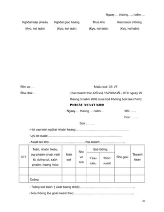 Ngaøy … thaùng….. naêm….

 Ngöôøi laäp phieáu      Ngöôøi giao haøng            Thuû kho          Keá toaùn tröôûng

   (Kyù, hoï teân)         (Kyù, hoï teân)          (Kyù, hoï teân)         (Kyù, hoï teân)




Ñôn vò:….                                                Maãu soá: 02- VT

Ñòa chæ:…                           ( Ban haønh theo QÑ soá 15/2006/QÑ – BTC ngaøy 20

                                     thaùng 3 naêm 2006 cuûa boä tröôûng boä taøi chính)
                                    PHIEÁU XUAÁT KHO

                                  Ngaøy … thaùng … naêm…                       Nôï:……

                                                                               Coù :…….

                                             Soá :……..

      - Hoï vaø teân ngöôøi nhaän haøng:………………………………………………

      - Lyù do xuaát:…………………………………………………………………

      - Xuaát taïi kho:……………………………….ñòa ñieåm:……………………..

        Teân, nhaõn hieäu,                             Soá löôïng
                                             Ñôn
       quy phaåm chaát vaät      Maõ                                                 Thaønh
STT                                          vò     Yeâu       Thöïc    Ñôn giaù
         tö, duïng cuï, saûn      soá                                                  tieàn
                                             tính   caàu       xuaát
        phaåm, haøng hoùa




      Coäng

      - Toång soá tieàn: ( vieát baèng chöõ):………………………………………………..

      - Soá chöùng töø goác keøm theo:…………………………………………………….

                                                                                               26
 