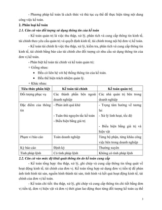 - Phương pháp kế toán là cách thức và thủ tục cụ thể để thực hiện từng nội dung
công việc kế toán.
2. Phân loại kế toán
2.1. Căn cứ vào đối tượng sử dụng thông tin của kế toán
       - Kế toán quản trị là việc thu thập, xử lý, phân tích và cung cấp thông tin kinh tế,
tài chính theo yêu cầu quản trị và quyết định kinh tế, tài chính trong nội bộ đơn vị kế toán.
       - Kế toán tài chính là việc thu thập, xử lý, kiểm tra, phân tích và cung cấp thông tin
kinh tế, tài chính bằng báo cáo tài chính cho đối tượng có nhu cầu sử dụng thông tin của
đơn vị kế toán.
       - Phân biệt kế toán tài chính và kế toán quản trị:
       + Giống nhau:
          • Đều có liên hệ với hệ thống thông tin của kế toán.
          • Đều thể hiện trách nhiệm quản lý.
       + Khác nhau:
 Tiêu thức phân biệt            Kế toán tài chính                 Kế toán quản trị
 Đối tượng phục vụ        Các thành phần bên ngoài Các nhà quản trị bên trong
                          doanh nghiệp                      doanh nghiệp
 Đặc điểm của thông - Phản ánh quá khứ                      - Trọng tâm hướng về tương
 tin                                                        lai
                          - Tuân thủ nguyên tắc kế toán     - Xử lý linh hoạt, tốc độ
                          - Biểu hiện bằng giá trị
                                                            - Biểu hiện bằng giá trị và
                                                            hiện vật
 Phạm vi báo cáo          Toàn doanh nghiệp                 Từng bộ phận, từng khâu công
                                                            việc bên trong doanh nghiệp
 Kỳ báo cáo               Định kỳ                           Thường xuyên
 Tính pháp lệnh           Có tính pháp lệnh                 Không có tính pháp lệnh
2.2. Căn cứ vào mức độ khái quát thông tin do kế toán cung cấp
        - Kế toán tổng hợp: thu thập, xử lý, ghi chép và cung cấp thông tin tổng quát về
hoạt động kinh tế, tài chính của đơn vị. Kế toán tổng hợp sử dụng đơn vị tiền tệ để phản
ánh tình hình tài sản, nguồn hình thành tài sản, tình hình và kết quả hoạt động kinh tế, tài
chính của đơn vị kế toán.
        - Kế toán chi tiết: thu thập, xử lý, ghi chép và cung cấp thông tin chi tiết bằng đơn
vị tiền tệ, đơn vị hiện vật và đơn vị thời gian lao động theo từng đối tượng kế toán cụ thể

                                                                                            3
 