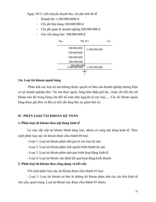 Ngày 30/11, kết chuyển doanh thu, chi phí tính lãi lỗ
             -   Doanh thu 1.200.000.0000 đ
             -   Chi phí bán hàng 300.000.000 đ
             -   Chi phí quản lý doanh nghiệp 200.000.000 đ
             -   Giá vốn hàng bán 500.000.000 đ

                               Nợ               TK 911               Có

                                      300.000.000    1.200.000.000
                                      200.000.000
                                      500.000.000
                                       200.000.000
                                        300.000.000
                                     1.200.000.000 1.200.000.000



3.6. Loại tài khoản ngoài bảng

       Phản ánh các loại tài sản không thuộc quyền sở hữu của doanh nghiệp nhưng hiện
có tại doanh nghiệp như: Tài sản thuê ngoài, hàng hóa nhận giữ hộ,...hoặc chi tiết cho tài
khoản nào đó trong bảng cân đối kế toán như nguyên tệ các loại, ... Các tài khoản ngoài
bảng được ghi đơn và đều có kết cấu tăng bên nợ giảm bên có.



II - PHÂN LOẠI TÀI KHOẢN KẾ TOÁN

1. Phân loại tài khoản theo nội dung kinh tế

      Là việc sắp xếp tài khoản thành từng loại, nhóm có cùng nội dung kinh tế. Theo
cách phân loại này tài khoản được chia thành 04 loại:
      - Loại 1: Loại tài khoản phản ánh giá trị các loại tài sản.
      - Loại 2: Loại tài khoản phản ánh nguồn hình thành tài sản.
      - Loại 3: Loại tài khoản phản ánh quá trình hoạt động kinh tế.
      - Loại 4: Loại tài khoản xác định kết quả hoạt động kinh doanh.
2. Phân loại tài khoản theo công dụng và kết cấu

      Với cách phân loại này tài khoản được chia thành 03 loại:
      - Loại 1: Loại tài khoản cơ bản là những tài khoản phản ánh các chỉ tiêu kinh tế
chủ yếu, quan trọng. Loại tài khoản này được chia thành 03 nhóm:

                                                                                        35
 