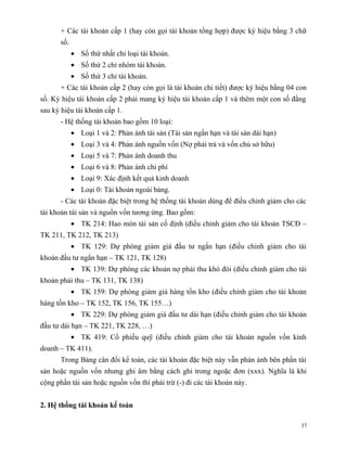 + Các tài khoản cấp 1 (hay còn gọi tài khoản tổng hợp) được ký hiệu bằng 3 chữ
       số.
             • Số thứ nhất chỉ loại tài khoản.
             • Số thứ 2 chỉ nhóm tài khoản.
             • Số thứ 3 chỉ tài khoản.
       + Các tài khoản cấp 2 (hay còn gọi là tài khoản chi tiết) được ký hiệu bằng 04 con
số. Ký hiệu tài khoản cấp 2 phải mang ký hiệu tài khoản cấp 1 và thêm một con số đằng
sau ký hiệu tài khoản cấp 1.
       - Hệ thống tài khoản bao gồm 10 loại:
             • Loại 1 và 2: Phản ánh tài sản (Tài sản ngắn hạn và tài sản dài hạn)
             • Loại 3 và 4: Phản ánh nguồn vốn (Nợ phải trả và vốn chủ sở hữu)
             • Loại 5 và 7: Phản ánh doanh thu
             • Loại 6 và 8: Phản ánh chi phí
             • Loại 9: Xác định kết quả kinh doanh
             • Loại 0: Tài khoản ngoài bảng.
       - Các tài khoản đặc biệt trong hệ thống tài khoản dùng để điều chỉnh giảm cho các
tài khoản tài sản và nguồn vốn tương ứng. Bao gồm:
             • TK 214: Hao mòn tài sản cố định (điều chỉnh giảm cho tài khoản TSCĐ –
TK 211, TK 212, TK 213)
             • TK 129: Dự phòng giảm giá đầu tư ngắn hạn (điều chỉnh giảm cho tài
khoản đầu tư ngắn hạn – TK 121, TK 128)
             • TK 139: Dự phòng các khoản nợ phải thu khó đòi (điều chỉnh giảm cho tài
khoản phải thu – TK 131, TK 138)
             • TK 159: Dự phòng giảm giá hàng tồn kho (điều chỉnh giảm cho tài khoản
hàng tồn kho – TK 152, TK 156, TK 155…)
             • TK 229: Dự phòng giảm giá đầu tư dài hạn (điều chỉnh giảm cho tài khoản
đầu tư dài hạn – TK 221, TK 228, …)
             • TK 419: Cổ phiếu quỹ (điều chỉnh giảm cho tài khoản nguồn vốn kinh
doanh – TK 411).
       Trong Bảng cân đối kế toán, các tài khoản đặc biệt này vẫn phản ánh bên phần tài
sản hoặc nguồn vốn nhưng ghi âm bằng cách ghi trong ngoặc đơn (xxx). Nghĩa là khi
cộng phần tài sản hoặc nguồn vốn thì phải trừ (-) đi các tài khoản này.


2. Hệ thống tài khoản kế toán

                                                                                       37
 