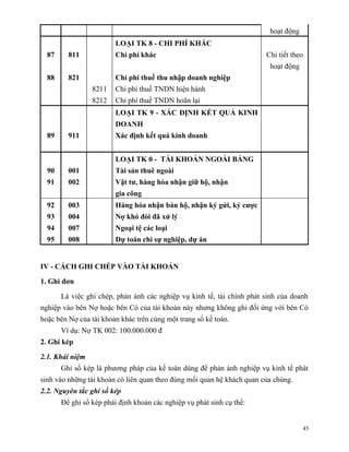 hoạt động
                         LOẠI TK 8 - CHI PHÍ KHÁC
  87     811             Chi phí khác                                   Chi tiết theo
                                                                         hoạt động
  88     821             Chi phí thuế thu nhập doanh nghiệp
                 8211    Chi phí thuế TNDN hiện hành
                 8212    Chi phí thuế TNDN hoãn lại
                         LOẠI TK 9 - XÁC ĐỊNH KẾT QUẢ KINH
                         DOANH
  89     911             Xác định kết quả kinh doanh


                         LOẠI TK 0 - TÀI KHOẢN NGOÀI BẢNG
  90     001             Tài sản thuê ngoài
  91     002             Vật tư, hàng hóa nhận giữ hộ, nhận
                         gia công
  92     003             Hàng hóa nhận bán hộ, nhận ký gửi, ký cược
  93     004             Nợ khó đòi đã xử lý
  94     007             Ngoại tệ các loại
  95     008             Dự toán chi sự nghiệp, dự án


IV - CÁCH GHI CHÉP VÀO TÀI KHOẢN

1. Ghi đơn

       Là việc ghi chép, phản ánh các nghiệp vụ kinh tế, tài chính phát sinh của doanh
nghiệp vào bên Nợ hoặc bên Có của tài khoản này nhưng không ghi đối ứng với bên Có
hoặc bên Nợ của tài khoản khác trên cùng một trang sổ kế toán.
       Ví dụ: Nợ TK 002: 100.000.000 đ
2. Ghi kép

2.1. Khái niệm
       Ghi sổ kép là phương pháp của kế toán dùng để phản ánh nghiệp vụ kinh tế phát
sinh vào những tài khoản có liên quan theo đúng mối quan hệ khách quan của chúng.
2.2. Nguyên tắc ghi sổ kép
       Để ghi sổ kép phải định khoản các nghiệp vụ phát sinh cụ thể:


                                                                                     45
 