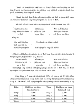 - Căn cứ vào hồ sơ kinh tế - kỹ thuật của tài sản cố định, doanh nghiệp xác định
tổng số lượng, khối lượng sản phẩm sản xuất theo công suất thiết kế của tài sản cố định,
gọi tắt là sản lượng theo công suất thiết kế.

      - Căn cứ tình hình thực tế sản xuất, doanh nghiệp xác định số lượng, khối lượng
sản phẩm thực tế sản xuất hàng tháng, hàng năm của tài sản cố định.

         - Xác định mức trích khấu hao trong tháng của tài sản cố định theo công thức

        Mức trích khấu hao               Số lượng sản              Mức trích khấu hao
      trong tháng của tài sản   =       phẩm sản xuất               bình quân tính cho
              cố định                    trong tháng        X      một đơn vị sản phẩm
      Trong đó:

        Mức trích khấu hao                Nguyên giá của tài sản cố định
        bình quân tính cho          =
        một đơn vị sản phẩm              Sản lượng theo công suất thiết kế


      - Mức trích khấu hao năm của tài sản cố định bằng tổng mức trích khấu hao của 12
tháng trong năm, hoặc tính theo công thức sau:
          Mức trích khấu                Số lượng sản               Mức trích khấu hao
          hao năm của tài       =       phẩm sản xuất               bình quân tính cho
            sản cố định                  trong năm          X      một đơn vị sản phẩm
      Trường hợp công suất thiết kế hoặc nguyên giá của tài sản cố định thay đổi, doanh
nghiệp phải xác định lại mức trích khấu hao của tài sản cố định


         Ví dụ: Công ty A mua máy ủi đất (mới 100%) với nguyên giá 450 triệu đồng.
Công suất thiết kế của máy ủi này là 30m 3/giờ. Sản lượng theo công suất thiết kế của máy
ủi này là 2.400.000 m3. Khối lượng sản phẩm đạt được trong năm thứ nhất của máy ủi này
là:
        Tháng             Khối lượng sản phẩm            Tháng        Khối lượng sản phẩm
                                           3
                            hoàn thành (m )                                hoàn thành (m3)
       Tháng 1                  14.000                  Tháng 7                15.000
       Tháng 2                  15.000                  Tháng 8                14.000
       Tháng 3                  18.000                  Tháng 9                16.000
       Tháng 4                  16.000                  Tháng 10               16.000
                                                                                             59
 