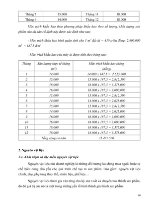 Tháng 5                     15.000            Tháng 11                18.000
    Tháng 6                     14.000            Tháng 12                18.000

         Mức trích khấu hao theo phương pháp khấu hao theo số lượng, khối lượng sản
phẩm của tài sản cố định này được xác định như sau:

         - Mức trích khấu hao bình quân tính cho 1 m 3 đất ủi = 450 triệu đồng: 2.400.000
m3 = 187,5 đ/m3

         - Mức trích khấu hao của máy ủi được tính theo bảng sau:

  Tháng        Sản lượng thực tế tháng              Mức trích khấu hao tháng
                            3
                         (m )                                  (đồng)
     1                  14.000                     14.000 x 187,5 = 2.625.000
     2                  15.000                     15.000 x 187,5 = 2.812.500
     3                  18.000                     18.000 x 187,5 = 3.375.000
     4                  16.000                     16.000 x 187,5 = 3.000.000
     5                  15.000                     15.000 x 187,5 = 2.812.500
     6                  14.000                     14.000 x 187,5 = 2.625.000
     7                  15.000                     15.000 x 187,5 = 2.812.500
     8                  14.000                     14.000 x 187,5 = 2.625.000
     9                  16.000                     16.000 x 187,5 = 3.000.000
    10                  16.000                     16.000 x 187,5 = 3.000.000
    11                  18.000                     18.000 x 187,5 = 3.375.000
    12                  18.000                     18.000 x 187,5 = 3.375.000
                  Tổng cộng cả năm                           35.437.500


2. Nguyên vật liệu

2.1. Khái niệm và đặc điểm nguyên vật liệu

         Nguyên vật liệu của doanh nghiệp là những đối tượng lao động mua ngoài hoặc tự
chế biến dùng chủ yếu cho quá trình chế tạo ra sản phẩm. Bao gồm: nguyên vật liệu
chính, phụ, phụ tùng thay thế, nhiên liệu, phế liệu…

         Nguyên vật liệu tham gia vào từng chu kỳ sản xuất và chuyển hóa thành sản phẩm,
do đó giá trị của nó là một trong những yếu tố hình thành giá thành sản phẩm.

                                                                                       60
 