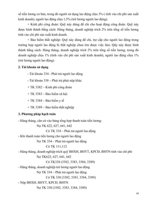 số tiền lương cơ bản, trong đó người sử dụng lao động chịu 3% ( tính vào chi phí sản xuất
kinh doanh), người lao động chịu 1,5% (trừ lương người lao động).
      + Kinh phí công đoàn: Quỹ này dùng để chi cho hoạt động công đoàn. Quỹ này
được hình thành bằng cách: Hàng tháng, doanh nghiệp trích 2% trên tổng số tiền lương
tính vào chi phí sản xuất kinh doanh.
      + Bảo hiểm thất nghiệp: Quỹ này dùng để chi, trợ cấp cho người lao động trong
trường hợp người lao động bị thất nghiệp chưa tìm được việc làm. Qũy này được hình
thành bằng cách: Hàng tháng, doanh nghiệp trích 2% trên tổng số tiền lương, trong đó
doanh nghiệp chịu 1% (tính váo chi phí sản xuất kinh doanh), người lao động chịu 1%
(trừ lương người lao động).

2. Tài khoản sử dụng

      - Tài khoản 334 - Phải trả người lao động

      - Tài khoản 338 – Phải trả phải nộp khác

      + TK 3382 – Kinh phí công đoàn

      + TK 3383 – Bảo hiểm xã hội

      + TK 3384 – Bảo hiểm y tế

      + TK 3389 – Bảo hiểm thất nghiệp

3. Phương pháp hạch toán

- Hàng tháng, căn cứ vào bảng tổng hợp thanh toán tiền lương:
             Nợ TK 622, 627, 641, 642
                    Có TK 334 – Phải trả người lao động
- Khi thanh toán tiền lương cho người lao động
             Nợ TK 334 – Phải trả người lao động
                    Có TK 111,112
- Hàng tháng, doanh nghiệp trích quỹ BHXH, BHYT, KPCĐ, BHTN tính vào chi phí
             Nợ TK622, 627, 641, 642
                    Có TK338 (3382, 3383, 3384, 3389)
- Hàng tháng, doanh nghiệp trừ lương người lao động
             Nợ TK 334 – Phải trả người lao động
                    Có TK 338 (3382, 3383, 3384, 3389)
- Nộp BHXH, BHYT, KPCĐ, BHTN
             Nợ TK 338 (3382, 3383, 3384, 3389)
                                                                                       68
 