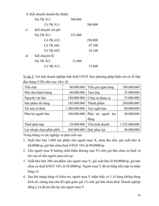 b/ Kết chuyển doanh thu thuần
        Nợ TK 511:                  300.000
                Có TK 911:                      300.000
 c/     Kết chuyển chi phí
        Nợ TK 911:                  315.400
                Có TK 632:                      250.000
                Có TK 641:                       47.300
                Có TK 642:                       18.100
 d/     Kết chuyển lỗ
        Nợ TK 421:                   15.400
                Có TK 911:                       15.400


Ví dụ 2: Tại một doanh nghiệp tính thuế GTGT theo phương pháp khấu trừ có số liệu
đầu tháng 5/20x như sau: (đvt: đ)
Tiền mặt                            60.000.000 Tiền gửi ngân hàng     100.000.000
Phải thu khách hàng                 60.000.000 Tạm ứng                 25.000.000
Nguyên vật liệu                 180.000.000 Công cụ dụng cụ            35.000.000
Sản phẩm dở dang                145.000.000 Thành phẩm                280.000.000
Tài sản cố định                1.200.000.000 Vay ngắn hạn              80.000.000
Phải trả người bán              100.000.000 Phải trả người lao         20.000.000
                                                động
Thuế phải nộp                       25.000.000 Vốn kinh doanh       1.552.000.000
Lợi nhuận chưa phân phối        260.000.000 Quỹ phúc lợi               48.000.000
Trong tháng có các nghiệp vụ phát sinh sau
1. Xuất kho bán 1.000 sản phẩm cho người mua X, chưa thu tiền. giá xuất kho là
   60.000đ/sp, giá bán chưa thuế GTGT 10% là 90.000đ/sp.
2. Cho người mua X hưởng chiết khấu thương mại 2% trên giá bán chưa có thuế và
   trừ vào số tiền người mua còn nợ.
3. Xuất kho bán 300 sản phẩm cho người mua Y, giá xuất kho là 60.000đ/sp, giá bán
   chưa có thuế GTGT 10% là 92.000đ/sp. Người mua Y đã trả bằng tiền mặt và nhận
   hàng về.
4. Sau khi mang hàng về kiểm tra, người mua Y nhận thấy có 1 số hàng không đúng
   kích cỡ, chủng loại nên đề nghị giảm giá 1% trên giá bán chưa thuế. Doanh nghiệp
   đồng ý và đã trả tiền lại cho người mua Y.

                                                                                 88
 