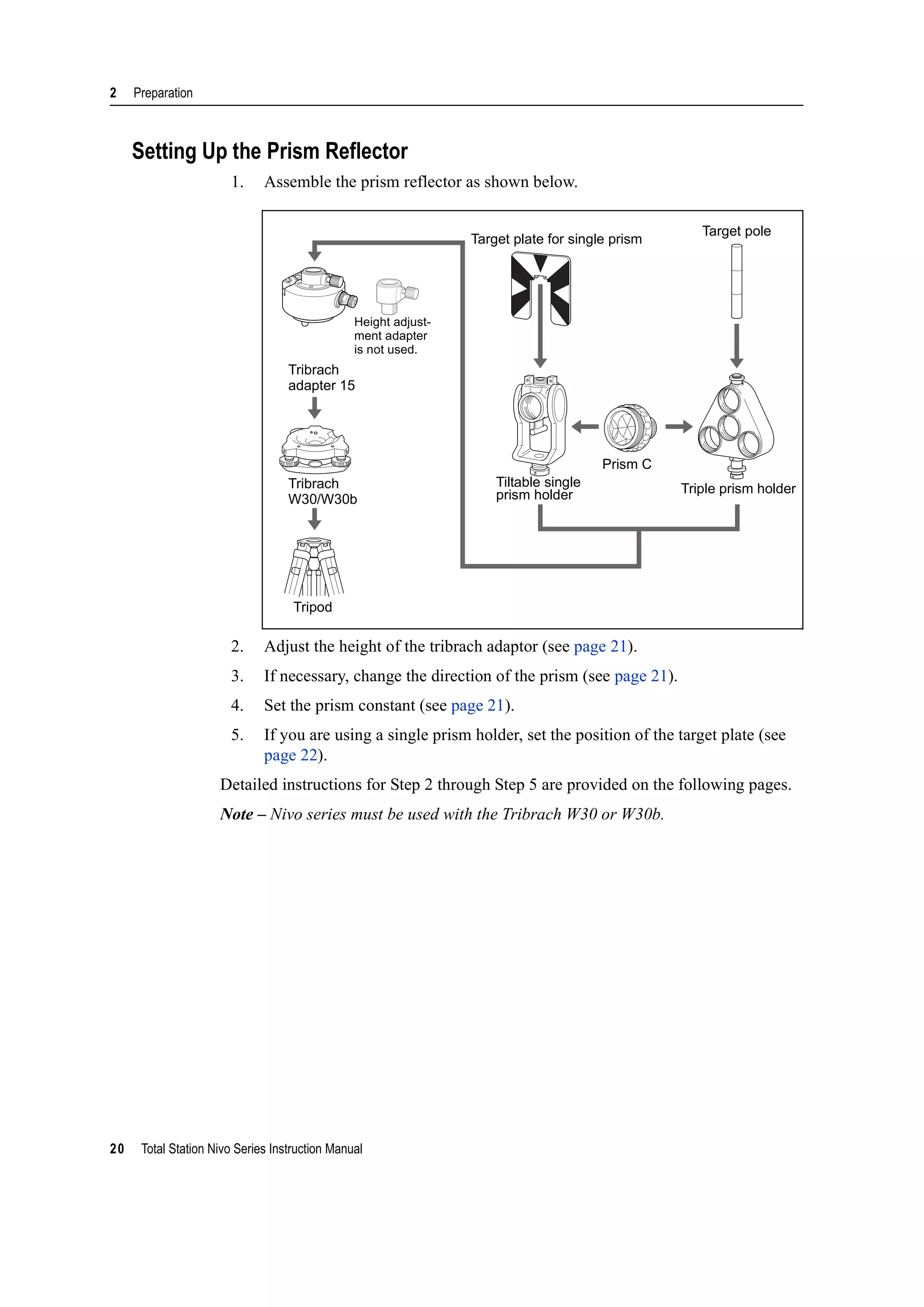 2 Preparation
20 Total Station Nivo Series Instruction Manual
Setting Up the Prism Reflector
1. Assemble the prism reflector as shown below.
2. Adjust the height of the tribrach adaptor (see page 21).
3. If necessary, change the direction of the prism (see page 21).
4. Set the prism constant (see page 21).
5. If you are using a single prism holder, set the position of the target plate (see
page 22).
Detailed instructions for Step 2 through Step 5 are provided on the following pages.
Note – Nivo series must be used with the Tribrach W30 or W30b.
Tribrach
Tribrach
Tripod
Target plate for single prism
Tiltable single
prism holder
Prism C
Target pole
Triple prism holder
Height adjust-
ment adapter
is not used.
W30/W30b
adapter 15
 