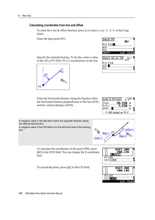 5 Menu Key
102 Total Station Nivo Series Instruction Manual
Calculating coordinates from line and offset
To enter the Line & offset function, press [4] or select Line & O/S in the Cogo
menu.
Enter the base point (P1).
Specify the azimuth bearing. To do this, enter a value
in the AZ or P2 field. P2 is a second point on the line.
Enter the horizontal distance along the baseline (Sta),
the horizontal distance perpendicular to the line (O/S),
and the vertical distance (dVD).
To calculate the coordinates of the point (PM), press
[ENT] in the dVD field. You can change the Z coordinate
here.
To record the point, press [ENT] in the CD field.
A negative value in the Sta field means the opposite direction along
the defined bearing line.
A negative value in the O/S field is for the left-hand side of the bearing
line.
 